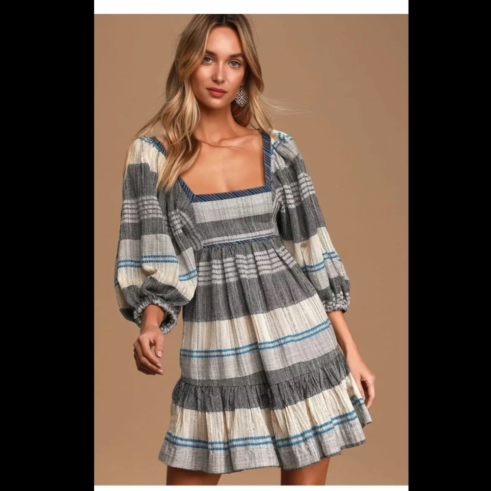 Free People All Lined Up Blue Multi Striped Puff Sleeve Mini Dress XS